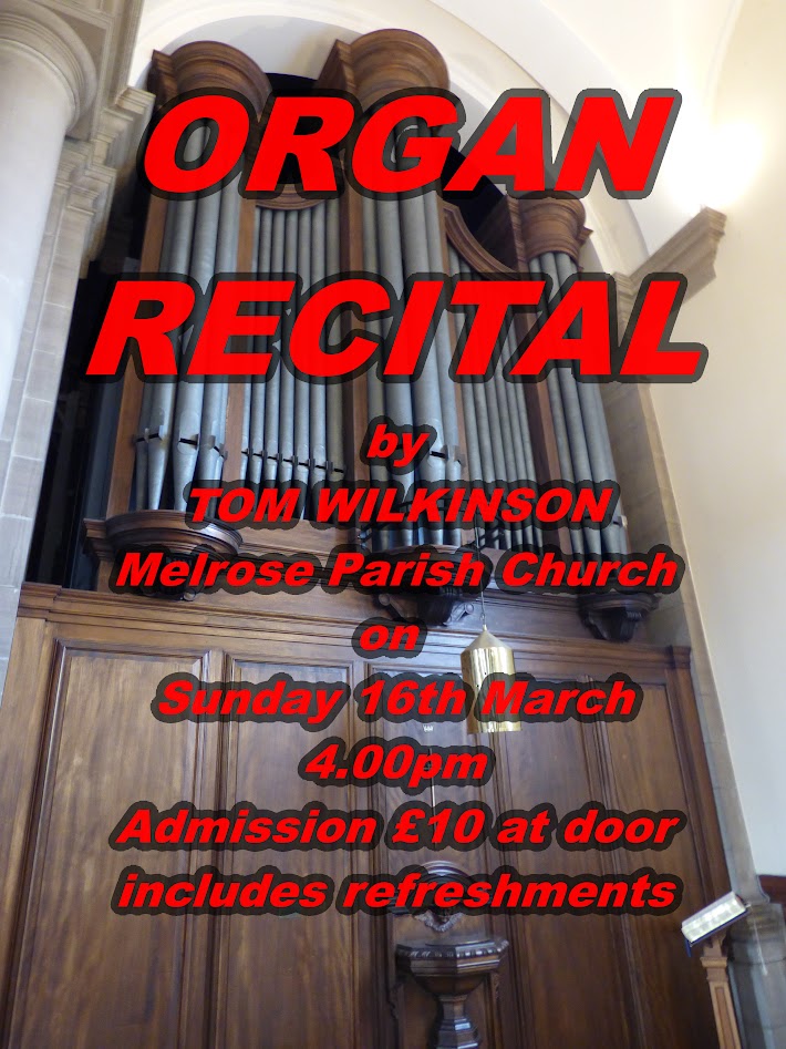 Poster for an organ recital on Sunday 16th March 4.00pm